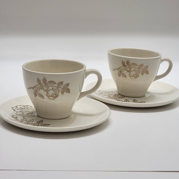 SCIO Ceramic Tea Cup Coffee Cup and Saucer Set of 2 White w Golden Rose Design - Picture 1 of 8